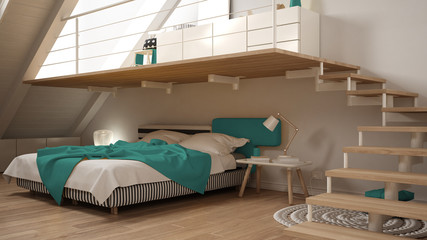 Loft mezzanine scandinavian minimalist bedroom, white and turquoise classic interior design
