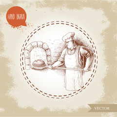 Hand drawn illustration of baker making fresh bread in stone oven. Sketch style vector vintage illustration. Man in uniform preparing daily bread goods.