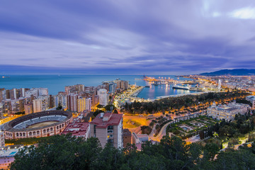 Illuminated skyline of Malaga in Spain