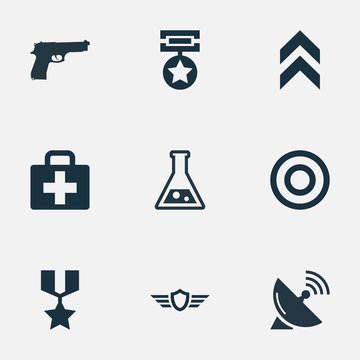 Vector Illustration Set Of Simple Army Icons. Elements Target, Pistol, Signal Receiver And Other Synonyms Military, Badge And Shield.