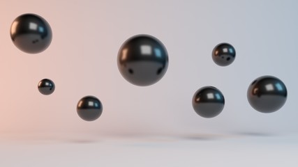 flying 3d rendering spheres inside a studio