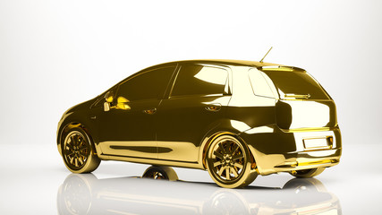 golden 3d rendering of a car inside a studio
