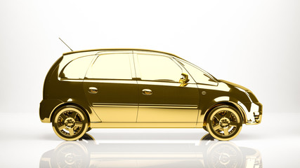 Fototapeta na wymiar golden 3d rendering of a car inside a studio