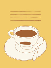 Hand drawn vector cup of coffee with saucer and spoon. Kitchen and cafe illustration 
