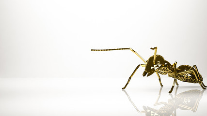 golden 3d rendering of an ant inside a studio