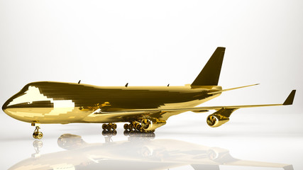 golden 3d rendering of a airplane inside a studio