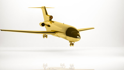 golden 3d rendering of a airplane inside a studio