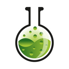 A chemical glass flask with green liquid and bubbles. Vector illustration