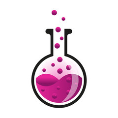 A chemical glass flask with pink liquid and bubbles. Vector illustration