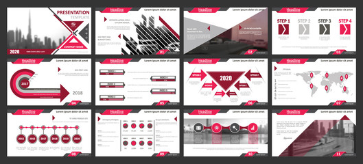 Creative set of abstract infographic elements. Modern presentation template with title sheet. Brochure design in pink, dark red blue, white and gray colors. Vector illustration. City street image. - obrazy, fototapety, plakaty