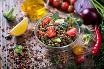 Lentil salad with veggies, healthy food, vegetarian and vegan snack, clean eating, diet