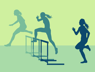 Hurdle race woman jumping over obstacle vector