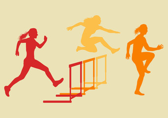 Hurdle race woman jumping over obstacle vector