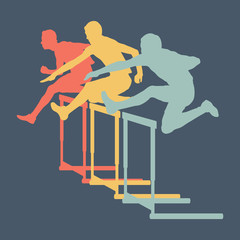 Hurdle race man jumping over obstacle retro color vector