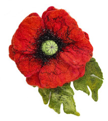 Wet felted brooch Poppy flower shape