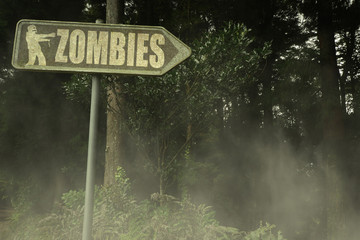 old signboard with text zombies near the sinister forest