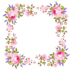 Botanical decorative border with text place isolated over white background. Label with rose and lavender flowers. Summer holiday invitation card with flowers and text place. Vector illustration.
