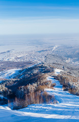The ski slope on Tserkovka mountain in the city the resort of Belokurikha, Altai, Russia