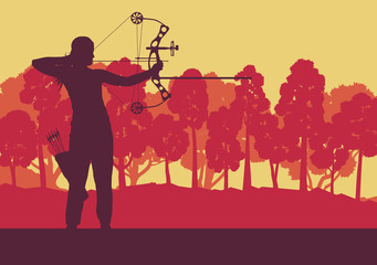 Archer man with bow outdoor training in front of forest trees vector background