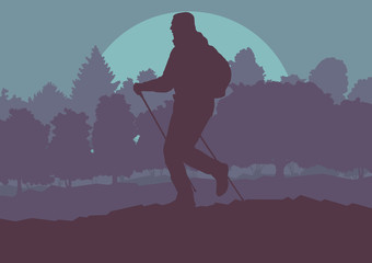 Nordic walking man landscape with forest trees vector