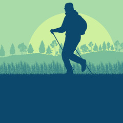 Nordic walking man landscape with forest trees vector