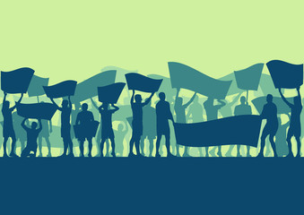 Fototapeta premium Protest people crowd and broken car silhouette vector background landscape demonstrate