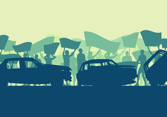 Naklejka na ściany i meble Protest people crowd and broken car silhouette vector background landscape demonstrate