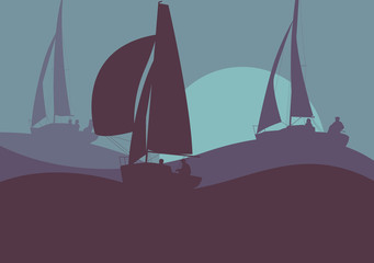 Yachts sailing regatta ocean landscape with sunset