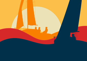 Yachts sailing regatta ocean landscape with sunset - obrazy, fototapety, plakaty