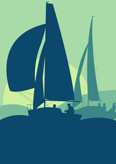 Yachts sailing regatta ocean landscape with sunset - obrazy, fototapety, plakaty