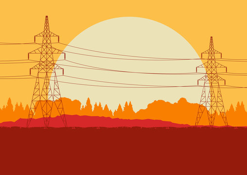 Energy distribution high voltage power line tower sunset landscape with wires and trees vector