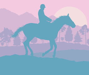 Horse rider and forest trees landscape with sunset vector background