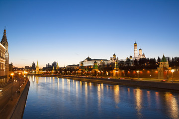Beautiful night view of Moscow - river and the Kremlin. Moscow, Russia.