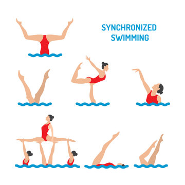 Set Of Vector Elements In The Womens Synchronised Swimming Illustration In Flat Style Isolated On White Background.