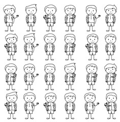 Collection of Cute and Ethnically Diverse Male Stick Figure Students and Children with Backpacks - 142254460