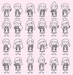 Collection of Cute and Diverse Vector Format Stick Figure Female Students with Backpacks