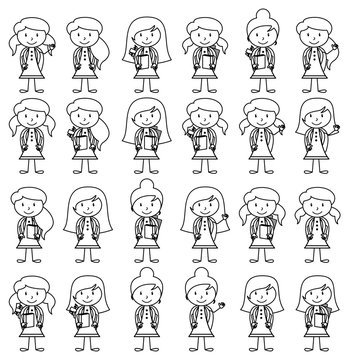 Collection of Cute and Diverse Vector Format Stick Figure Female Students with Backpacks