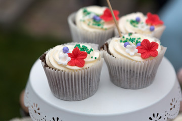 Beautiful cupcakes with berries closeup on banquet table.