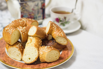 Close up of cut bagels with sesame and poppy seed