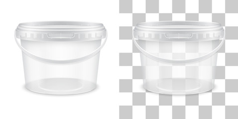Vector transparent empty plastic bucket for storage of food, honey or ice cream. Packaging template illustration. - obrazy, fototapety, plakaty