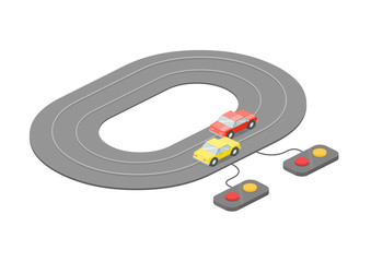 Children's toy road. Racing. Car battle. Isometric vector illustration.