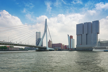 Erasmus bridge and for the building the Rotterdam along the Wilhelminakade has the AIDA cruise ship docked.
