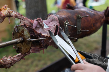 Lamb roasted at spit, meat barbecue