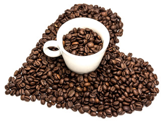 Cup of coffee beans on heart of coffee beans
