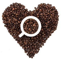 Cup of coffee beans on heart of coffee beans