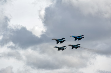 Nizhniy Tagil, Russia - September 25. 2013: Demonstration performances of flight group Falcons of Russia on Su-27. RAE-2013 exhibition. Russia Arms Expo-2013
