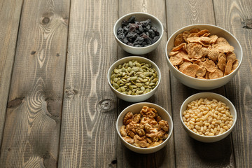 Healthy food. Multi grain flakes and nuts for breakfast.