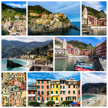 Collage of Cinque Terre photos in Italy (Vernazza, Manarola, Monterosso al Mare, Corniglia, Riomaggiore)