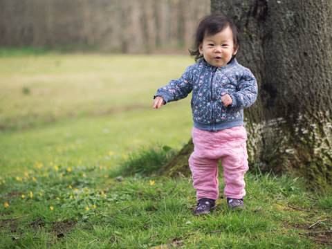 Baby Girl Walking Outdoor First Time