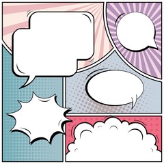Abstract creative concept vector comic pop art style blank, layout template with clouds beams and isolated dots background. For sale banner, empty speech bubble set, illustration halftone book design.